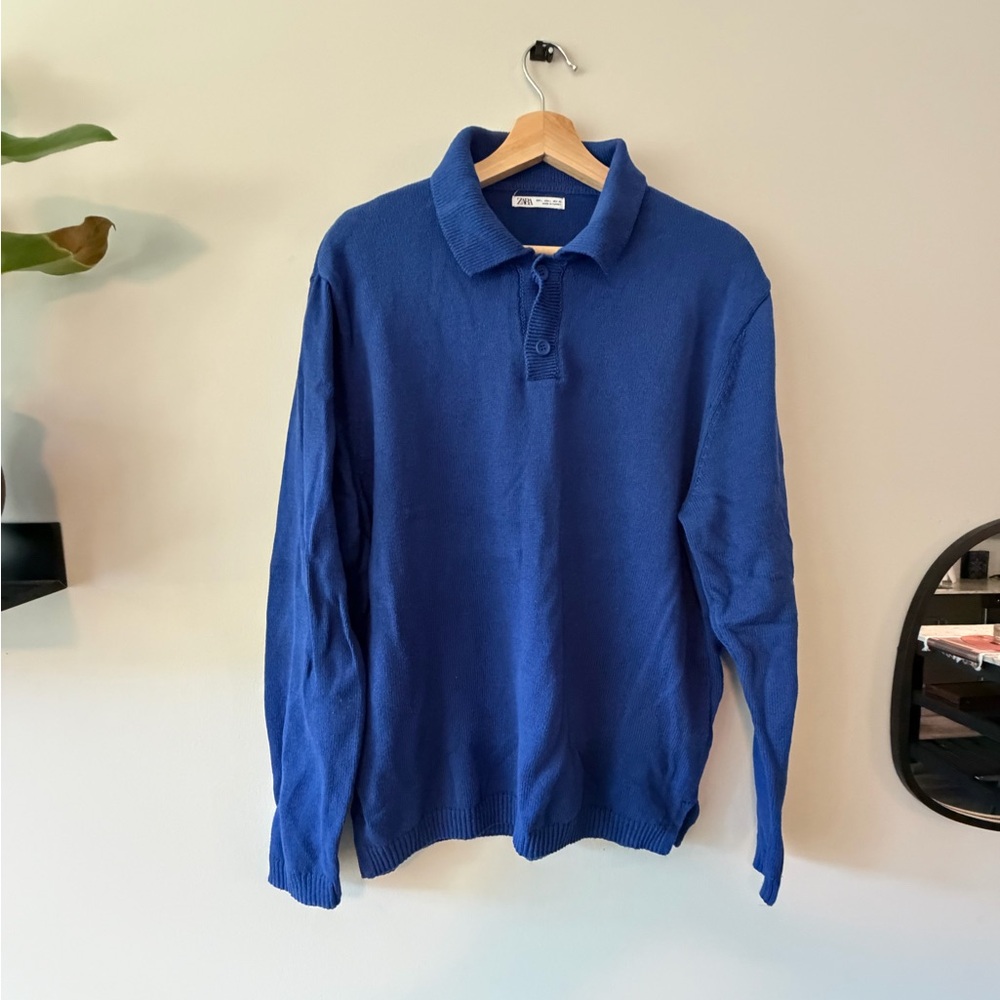 Zara Royal Blue Knit Long Sleeve Polo Size Large